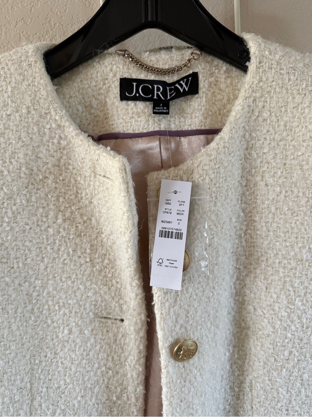 J. Crew Cream Bouclé Single-Breasted Coat with Gold Buttons - Picture 2 of 6